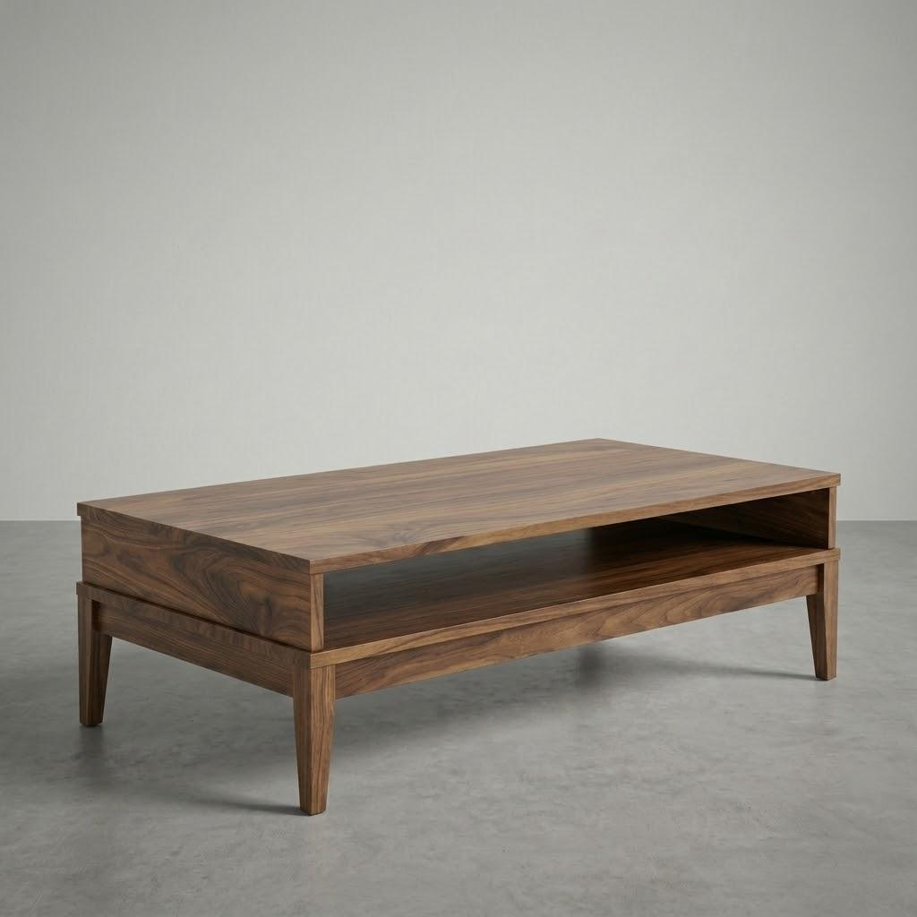 Wooden coffee table with a shelf on a gray background