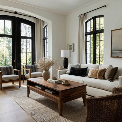 Modern living room with white sofa, wooden coffee table, and large windows.
