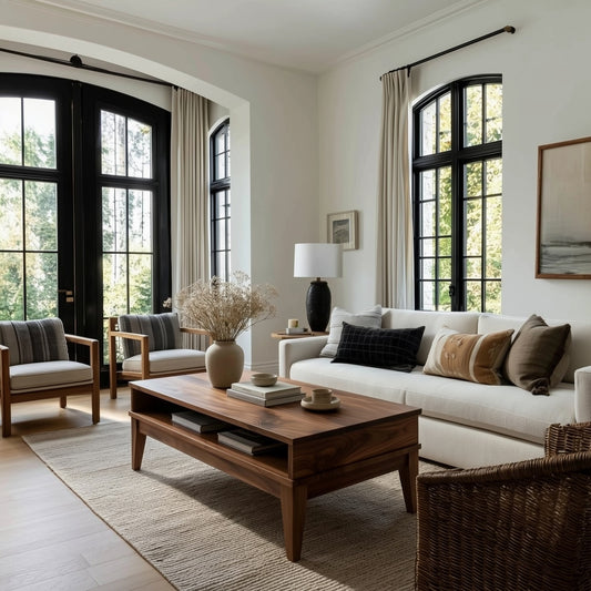 Modern living room with white sofa, wooden coffee table, and large windows.