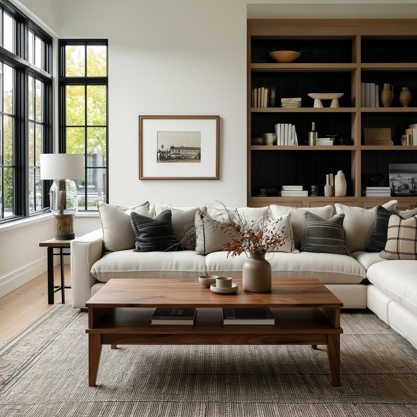 Modern living room with a white sofa, wooden coffee table, and bookshelf.