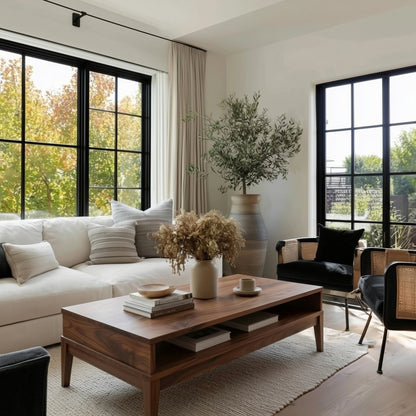 Modern living room with a wooden coffee table, white sofa, and large windows.