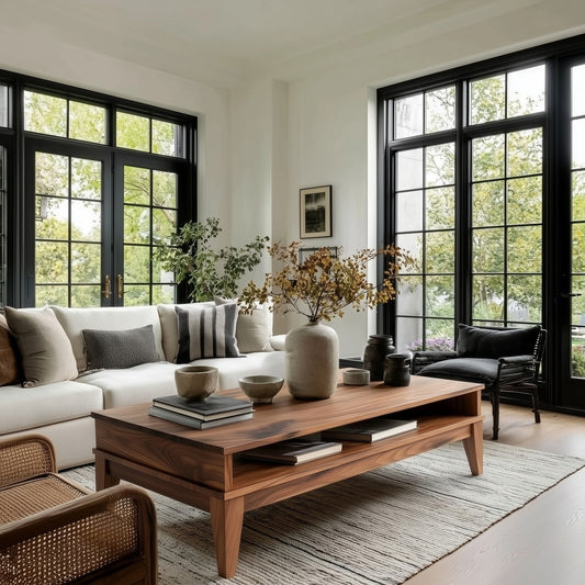 Modern living room with a wooden coffee table, white sofa, and large windows.