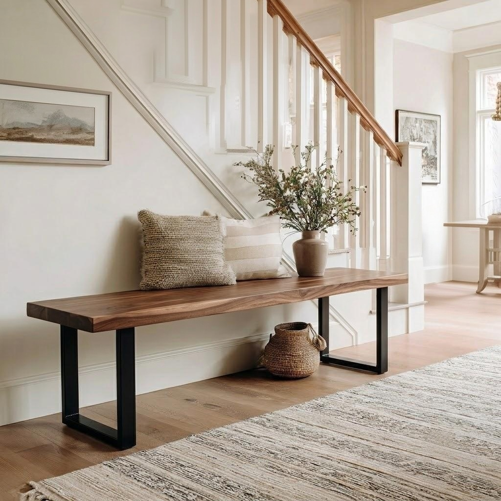 A rustic wooden entryway bench with black metal legs, styled in a bright, modern home entryway with a staircase, neutral pillows, and a vase of branches.