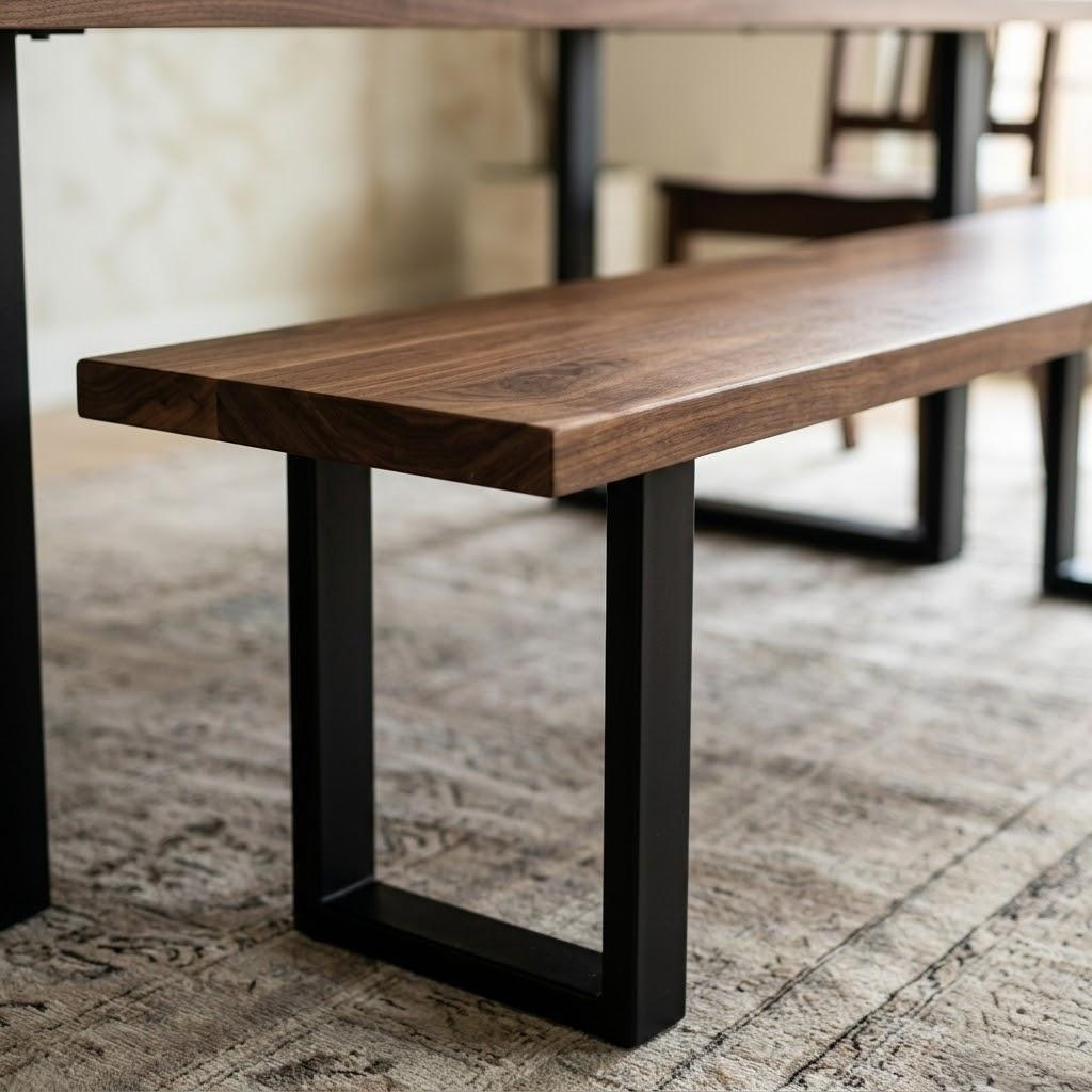 A dark wood dining bench with a thick rectangular slab top and black metal U-shaped legs, shown in a dining room setting on a patterned rug.