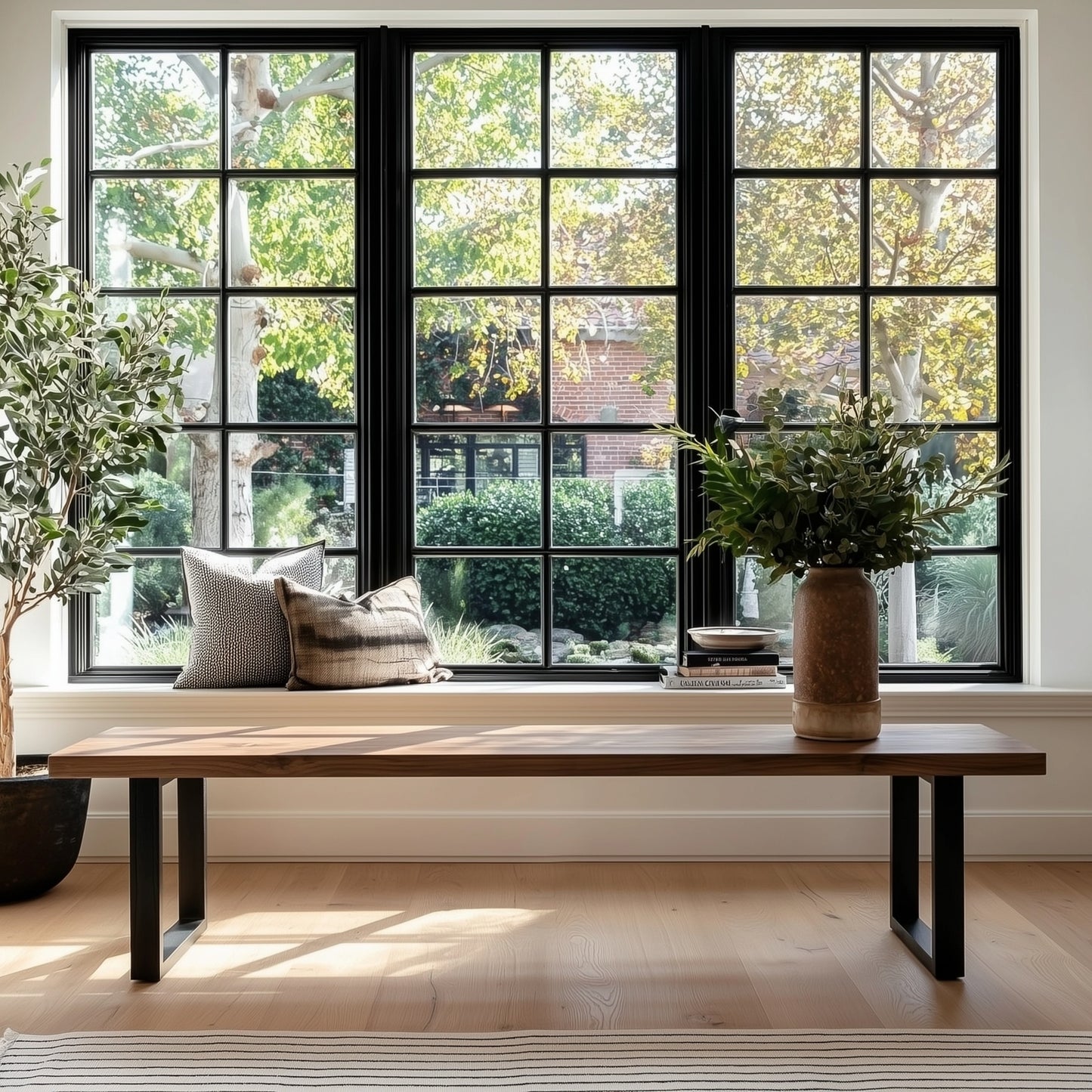 Modern living room with a wooden bench, cushions, and large windows.