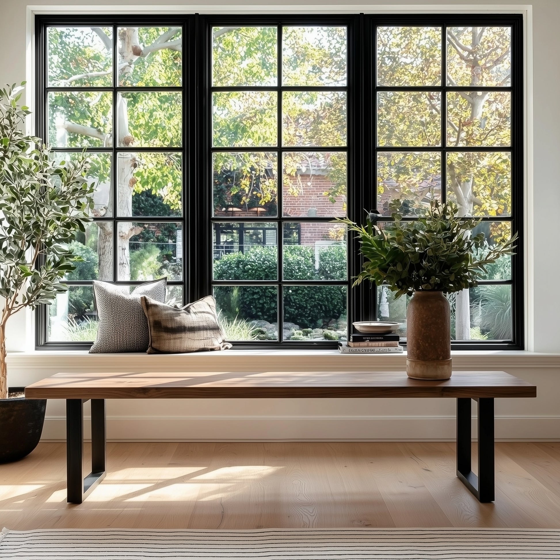Modern living room with a wooden bench, cushions, and large windows.