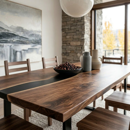 A rustic live-edge wooden dining table with black metal legs, styled in a modern dining room with matching wooden chairs, a bowl of coffee beans, and neutral ceramic vases.