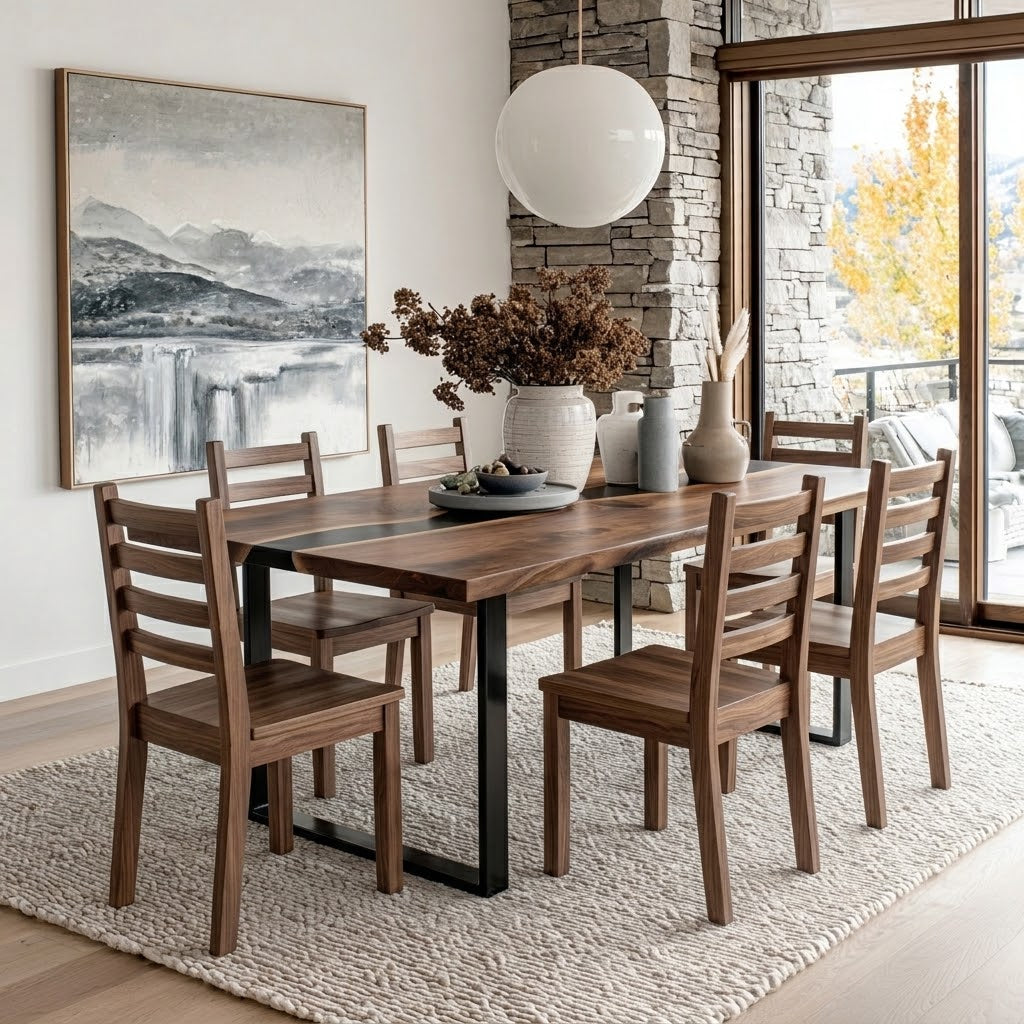 A rectangular wooden dining table with six matching wooden ladder-back chairs, styled in a bright, modern dining room with a stone pillar, large window, and a framed landscape painting on the wall.