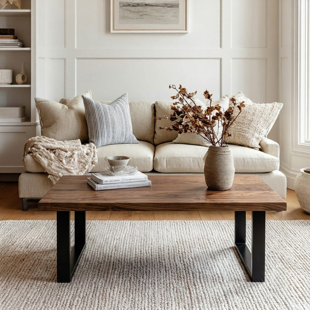 A modern rectangular coffee table with a dark wood top and black metal legs, styled in a bright, neutral living room with a cream sofa, decorative pillows, and a vase of dried branches on top.
