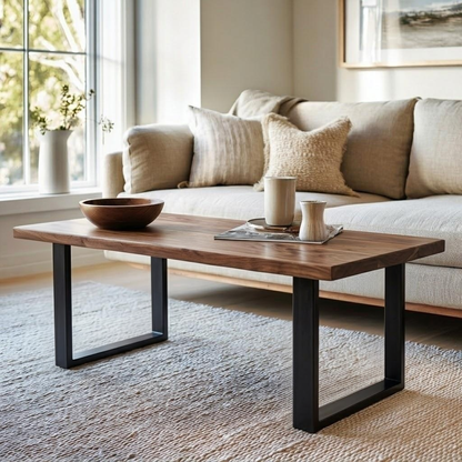 A rectangular wooden coffee table with a medium brown wood grain top and black metal U-shaped legs, styled in a bright, modern living room next to a beige sofa.