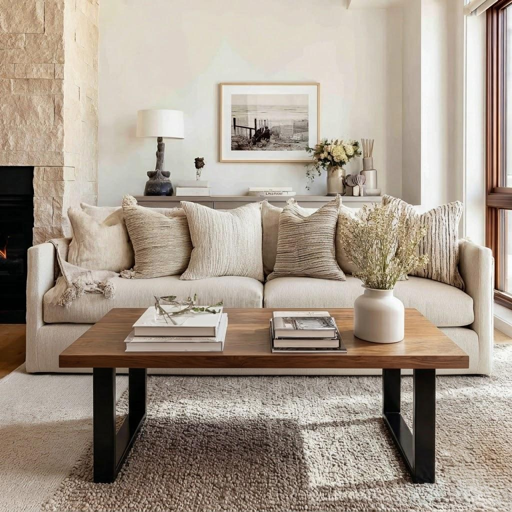 A styled living room featuring a light beige fabric sofa with textured throw pillows, a wooden coffee table with black metal legs, and a neutral color palette throughout.