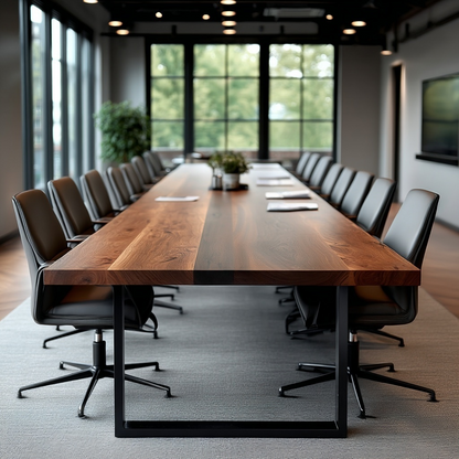 Long wooden conference table with chairs in a modern office setting
