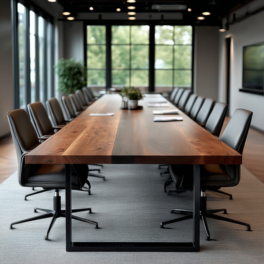 Long wooden conference table with chairs in a modern office setting
