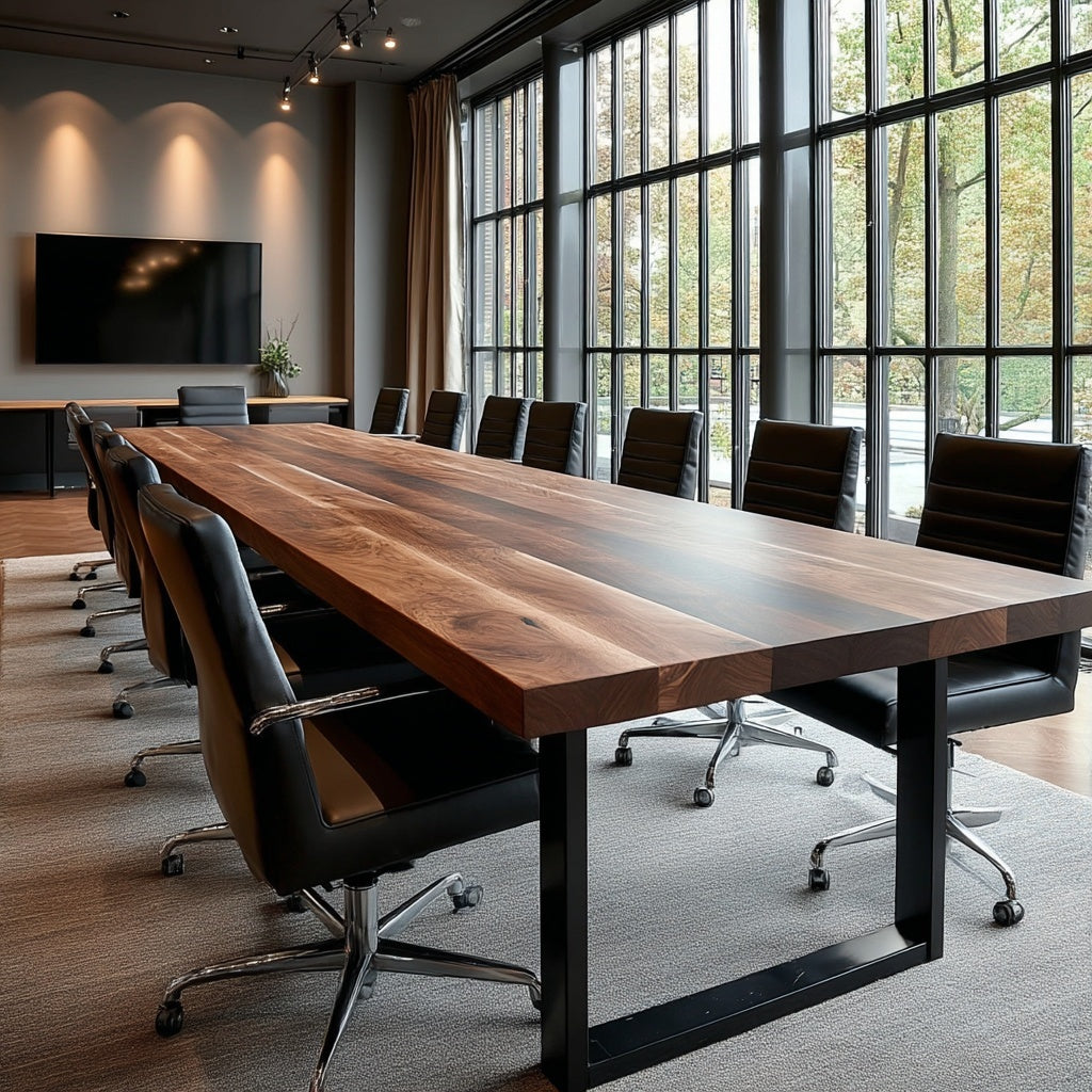 Modern conference room with a long wooden table and black chairs.