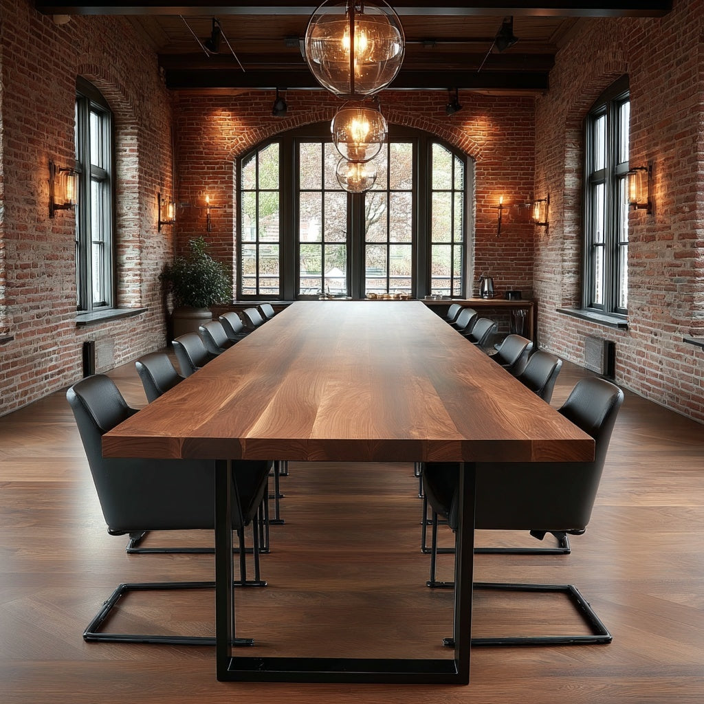 Modern conference room with a long wooden table and black chairs in a brick-walled room.
