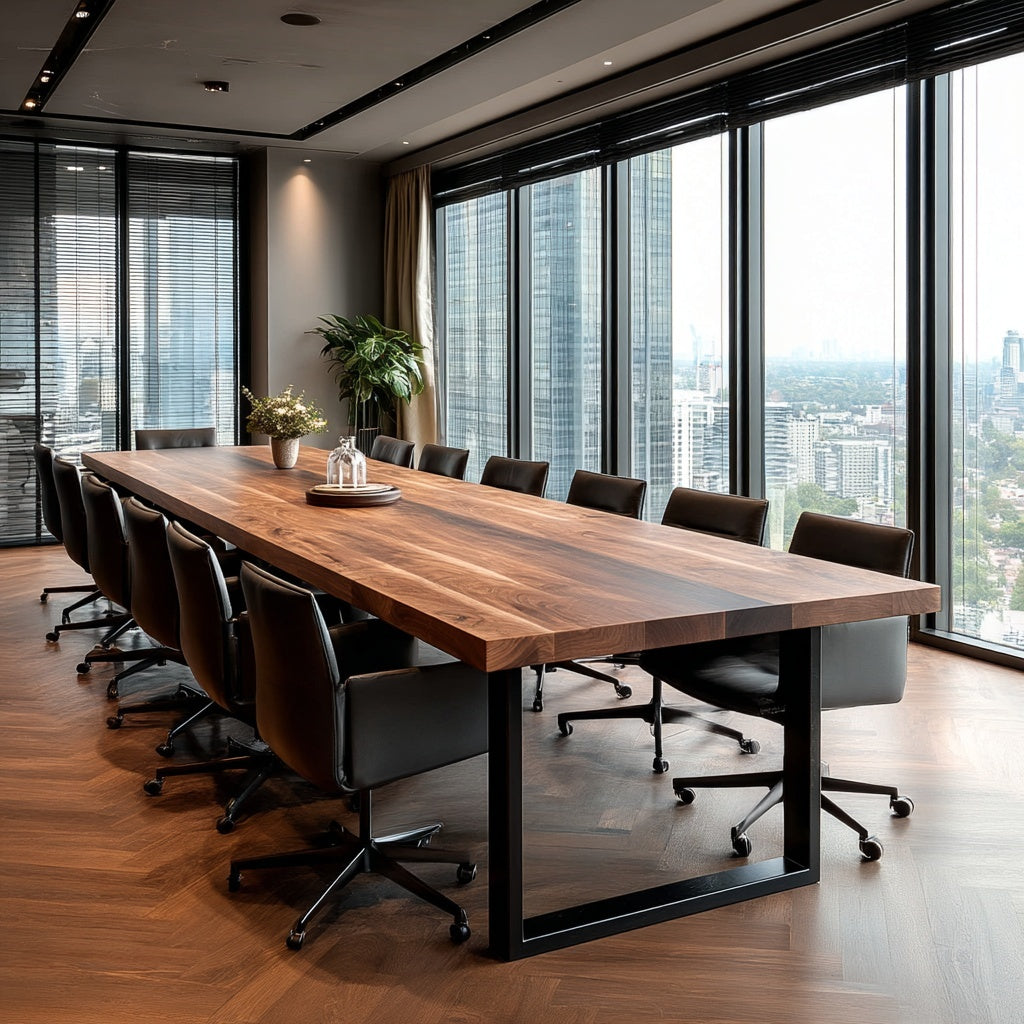 Modern conference room with a long wooden table and chairs, large windows with city view.