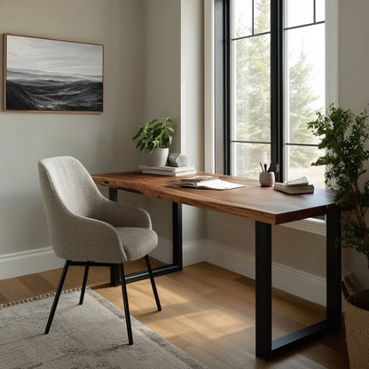 Modern home office with wooden desk, chair, and large windows.
