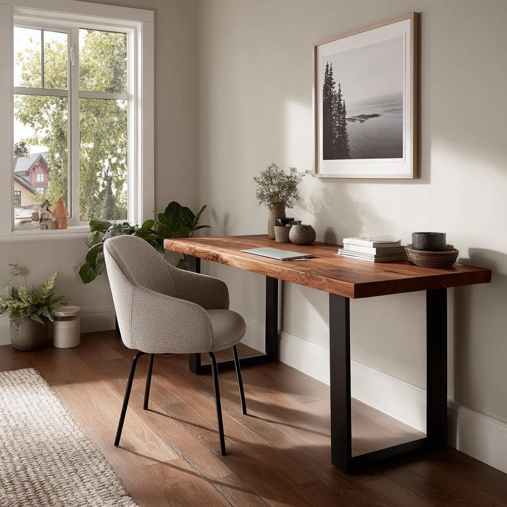 Home office with wooden desk, chair, and framed picture on wall