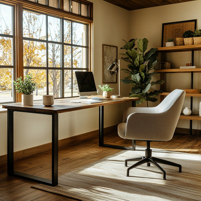 A modern home office setup featuring a large custom desk with a live edge, made of wood, accompanied by a white office chair, with bookshelves and large windows in the background.