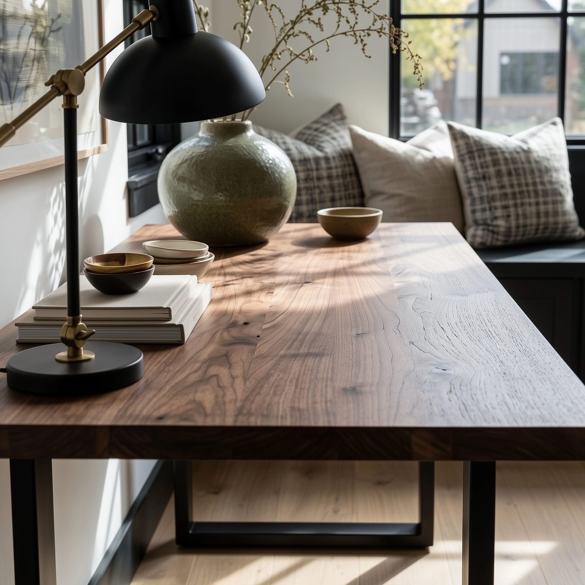 Close up view of the end of a desk in a well furnished office