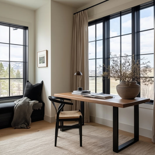 Home office with wooden desk, chair, and large windows.