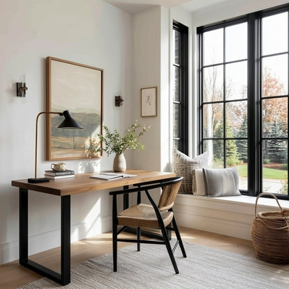 Modern home office with wooden desk, chair, and large windows.