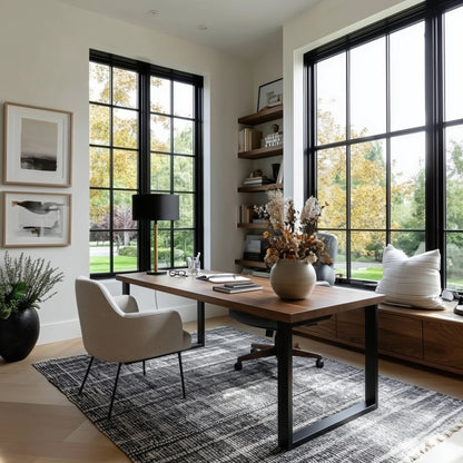 Modern home office with large windows, desk, chair, and decorative elements.