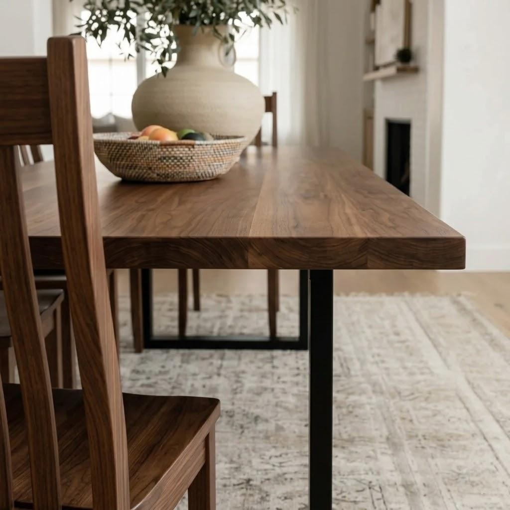 Wooden dining table with a vase and fruit on top, in a home setting.
