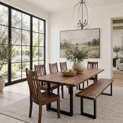 Dining room with wooden table and chairs, large windows, and a vase of flowers.