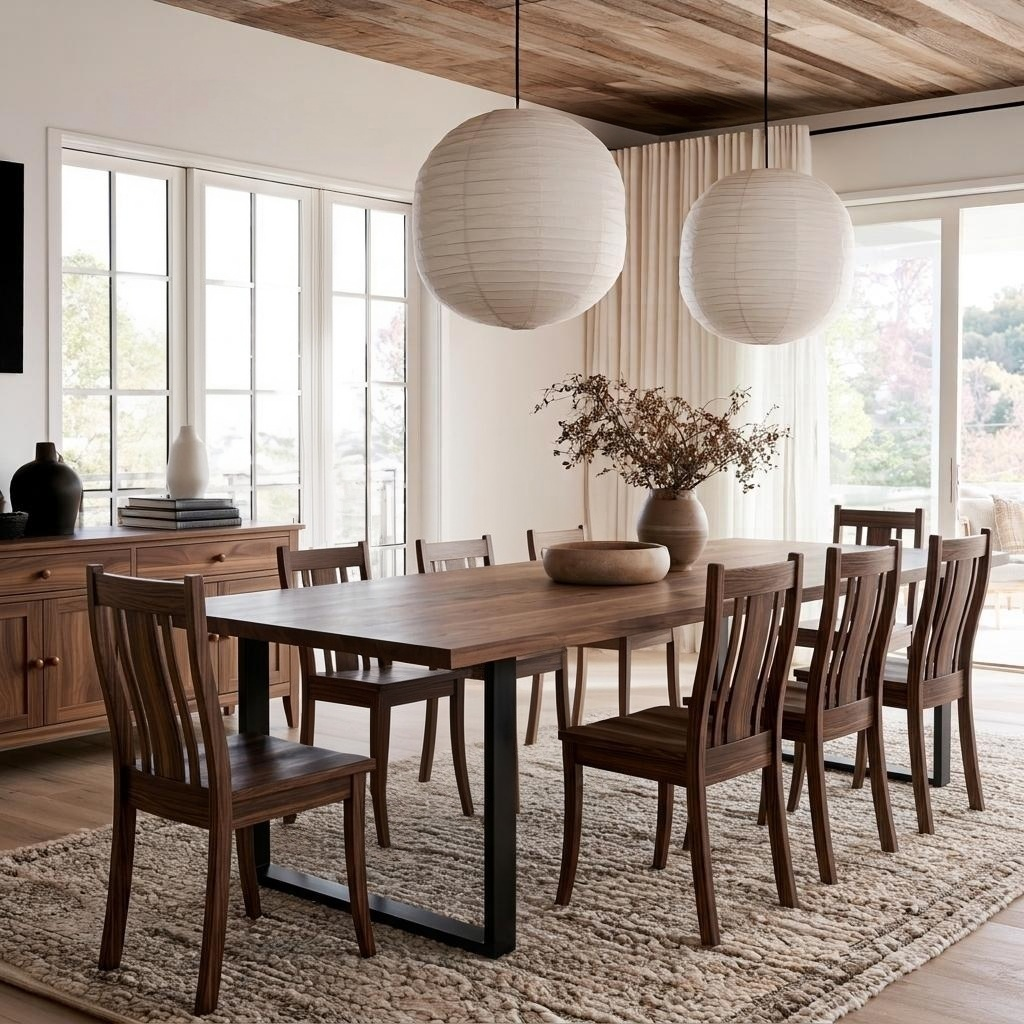 A dining room scene with a rectangular dark wood dining table and matching wooden chairs, styled with two large white paper lantern pendant lights, a textured rug, and large windows.