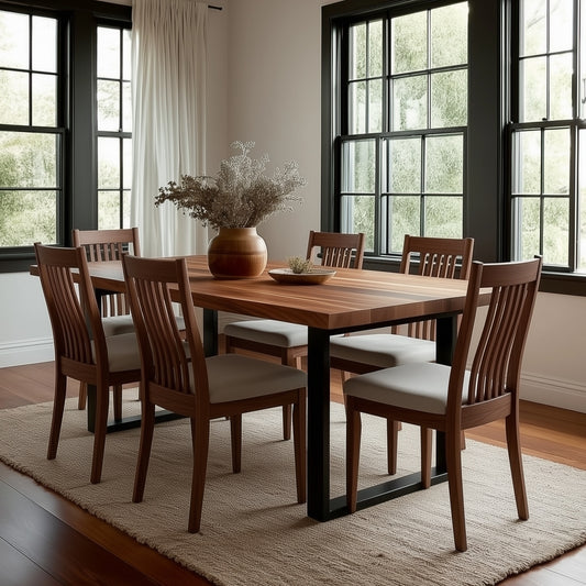 Dining room with wooden table and chairs near a window