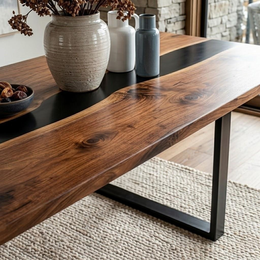A live-edge wooden dining table with a rich dark brown wood grain and a black metal frame leg, styled in a warm, modern room setting with ceramic vases and a woven rug.