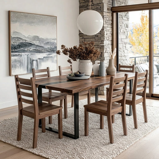A rectangular wooden dining table with six matching wooden ladder-back chairs, styled in a bright, modern dining room with a stone pillar, large window, and a framed landscape painting on the wall.