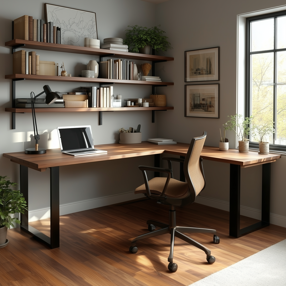 Modern home office with wooden desk, shelves, and chair.