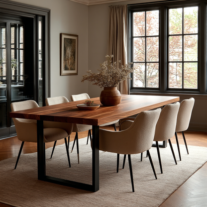 Dining room with wooden table and chairs near a window