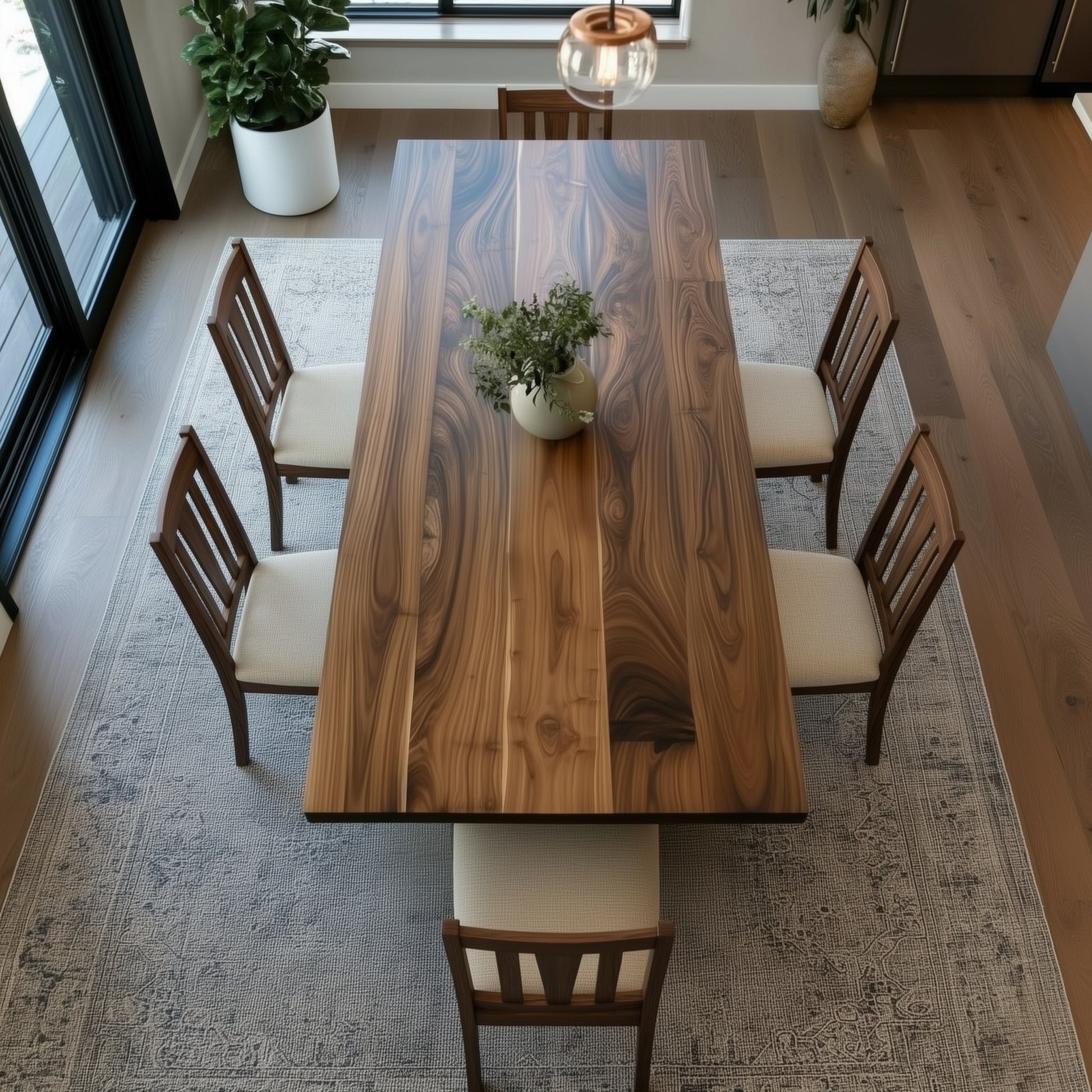 Wooden dining table with chairs in a room with large windows and plants.