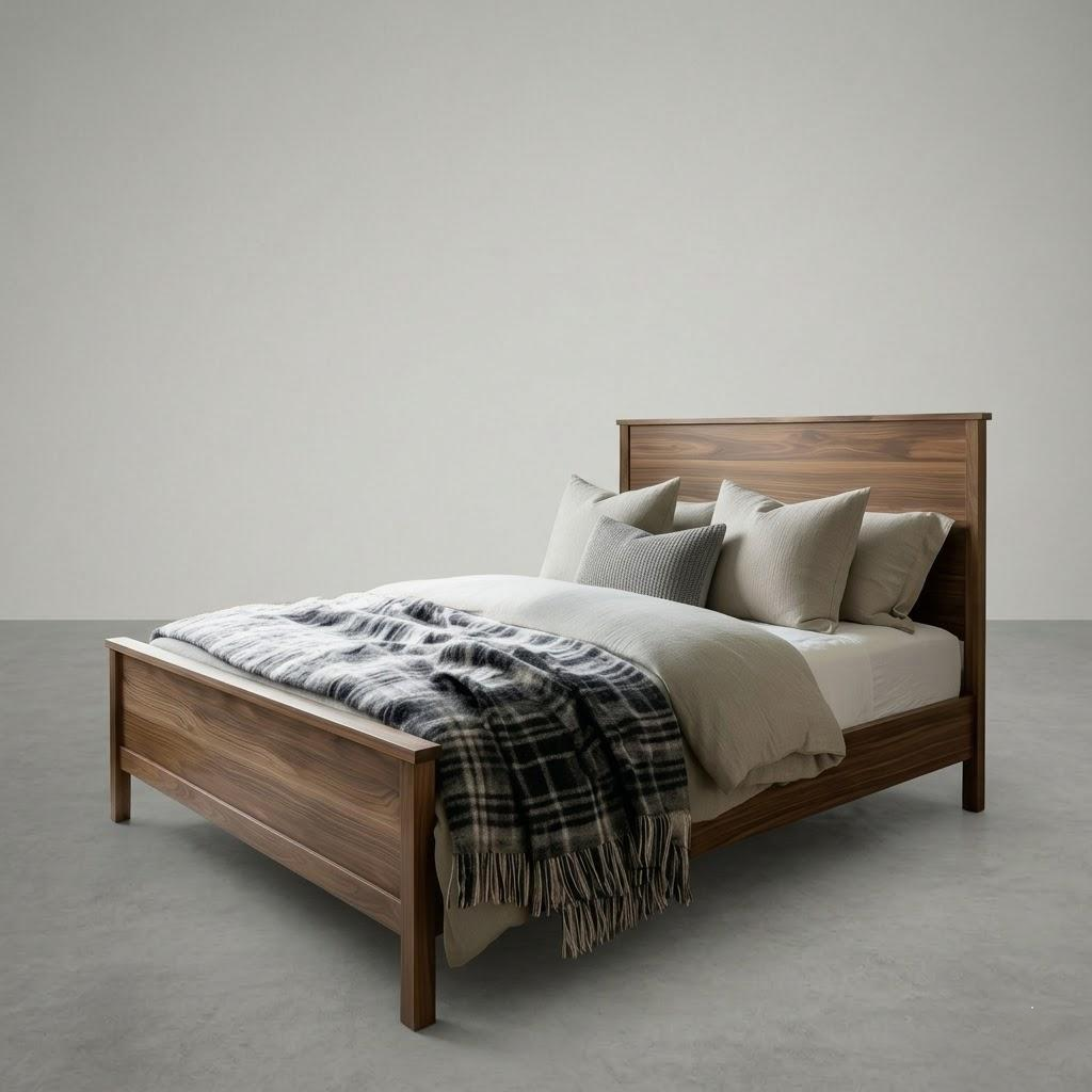 Wooden bed with bedding and a plaid blanket on a plain background