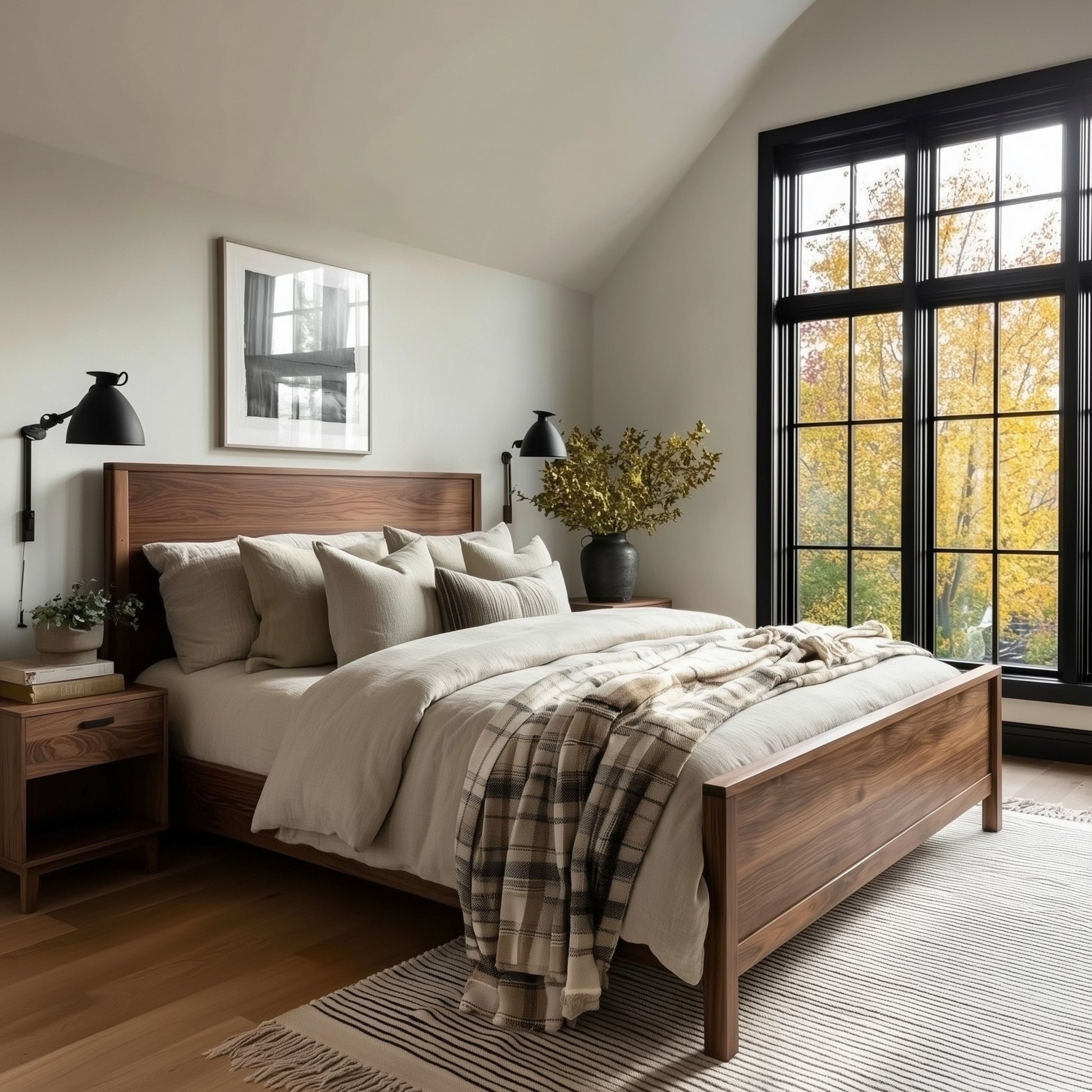 Bedroom with wooden bed, pillows, and a large window showing autumn foliage.