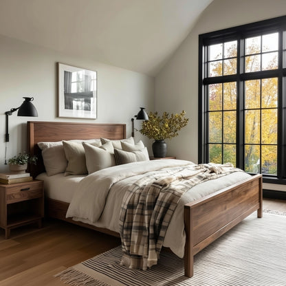 Bedroom with wooden bed, pillows, and a large window showing autumn foliage.