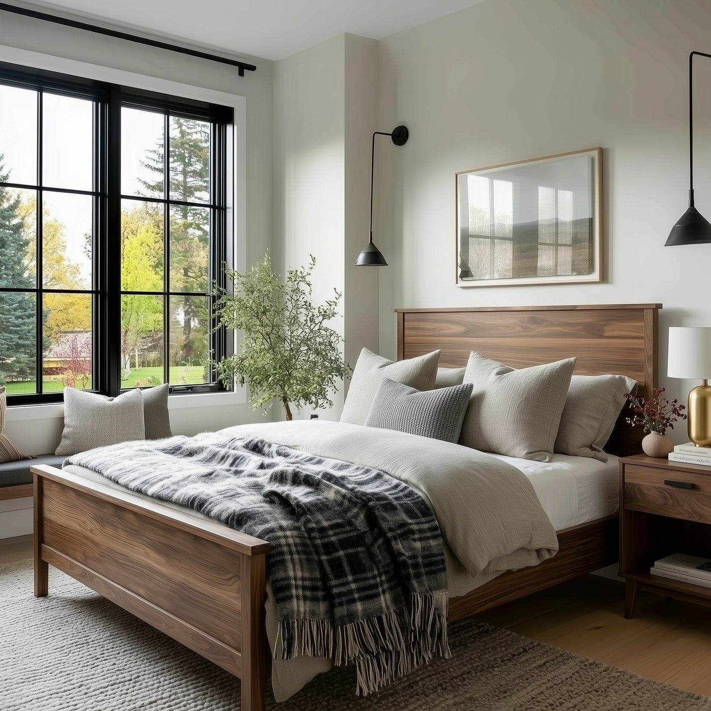 Modern bedroom with wooden bed, plaid blanket, and large windows.