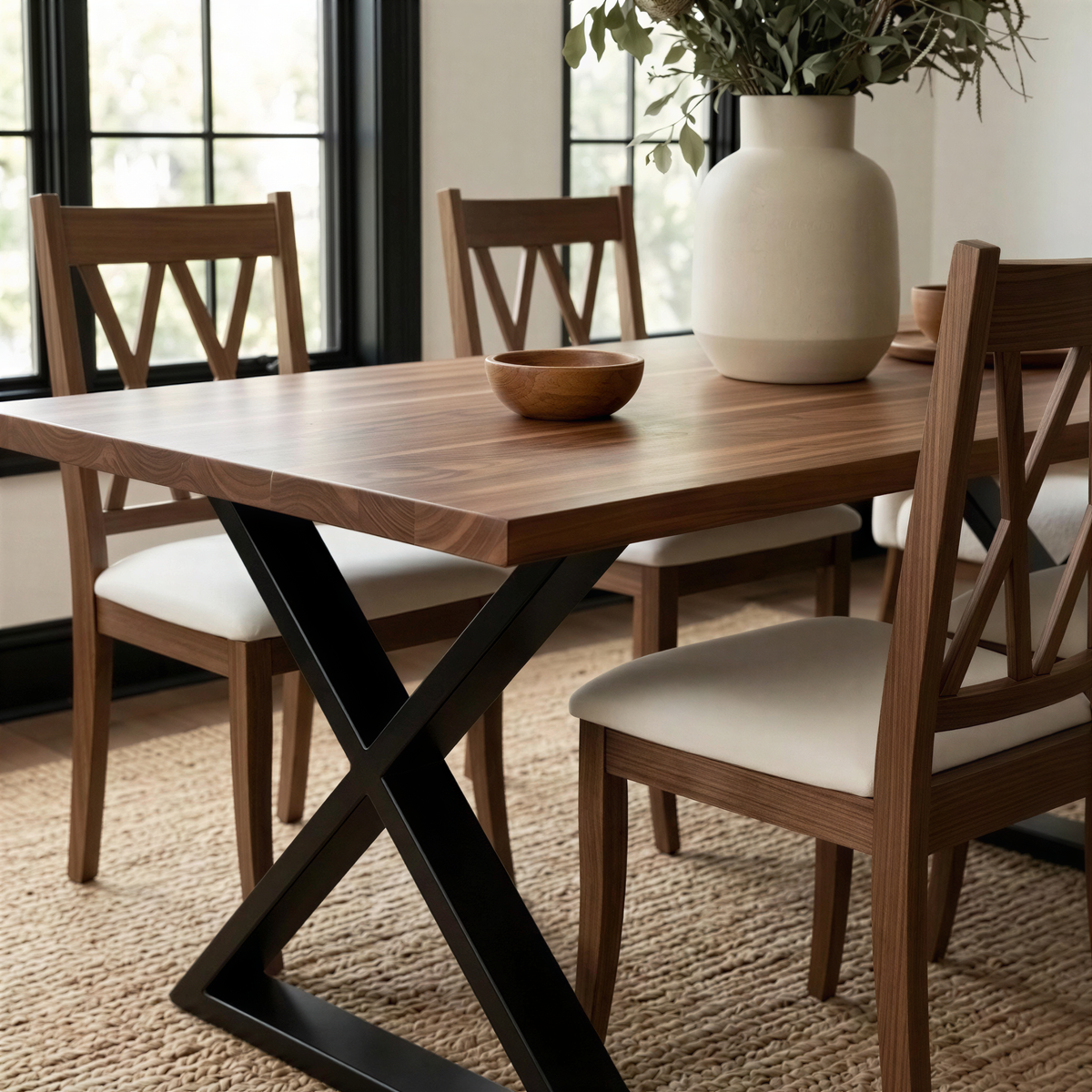 Dining room with wooden table and chairs, vase with plants on the table.