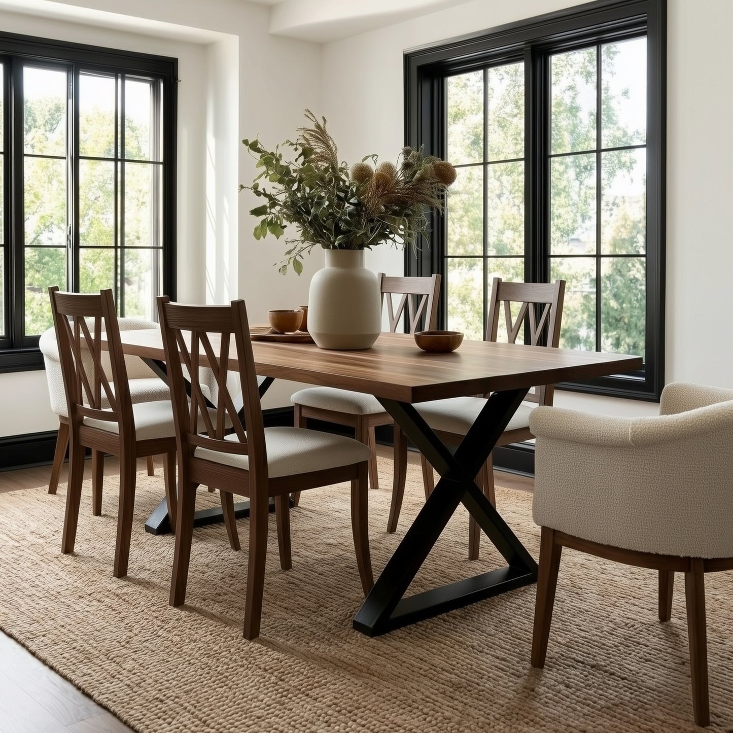 Dining room with wooden table and chairs in a well-lit room.