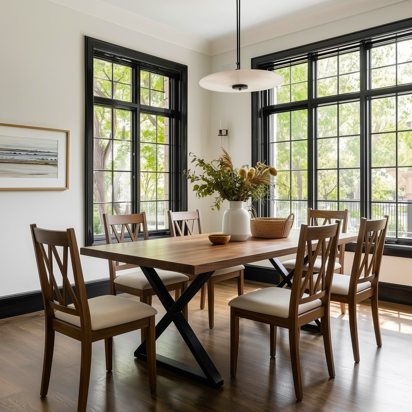 Dining room with wooden table and chairs near large windows