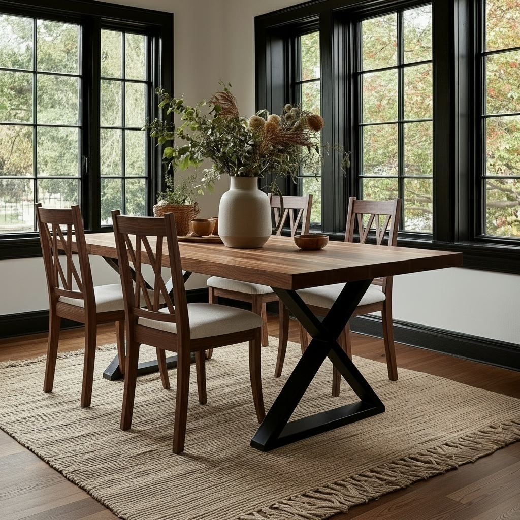 Dining room with wooden table and chairs near large windows