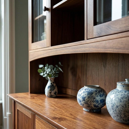 Wooden cabinet with decorative blue and white jars on a wooden surface