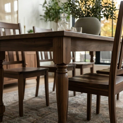 Close up view of a wooden dining table with turned legs in a well furnished dining room