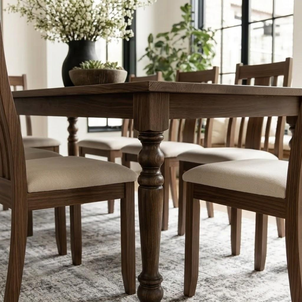 Wooden dining table with chairs in a room with large windows and plants.