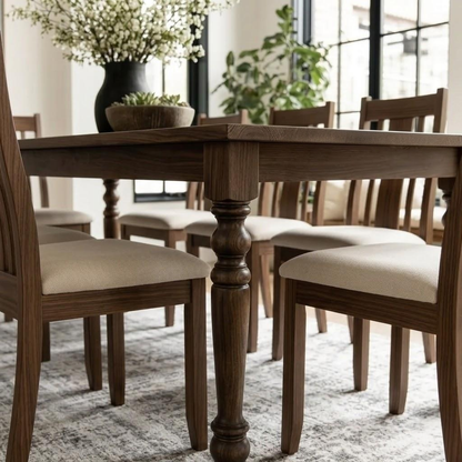 Wooden dining table with chairs in a room with large windows and plants.