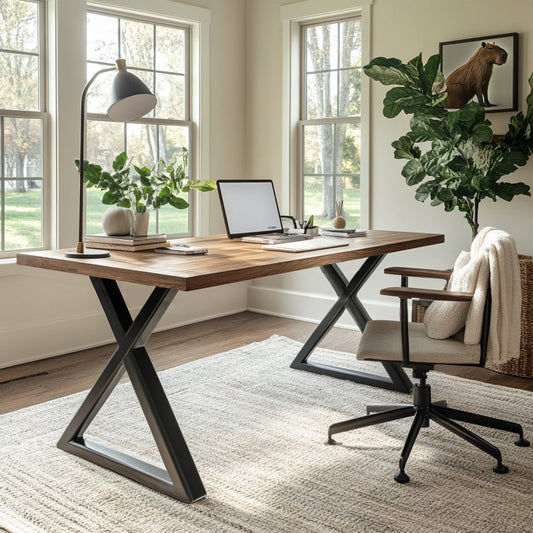 A modern desk with a live edge top in a natural wood color, featuring a black metal cross-shaped base, situated in a bright room with a chair, lamp, and various office supplies.