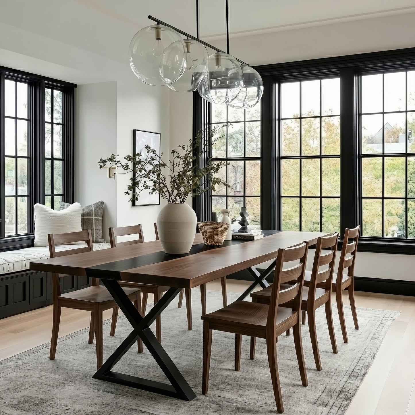 Dining room with wooden table and chairs, large windows, and modern pendant lights.